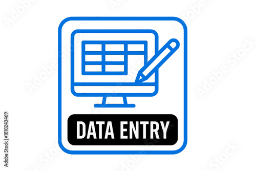 Digital data entry concept showing a computer screen with a spreadsheet grid and a pencil actively writing