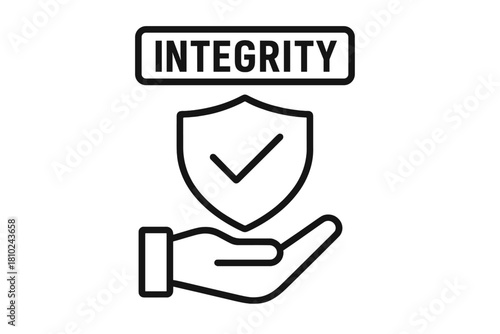 Hand holding shield with checkmark and word integrity symbolizing honesty and ethical values