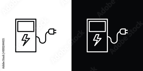 Charging station icons pack. Set of black and white liner stroke symbols