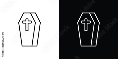 Coffin icons pack. Set of black and white liner stroke symbols