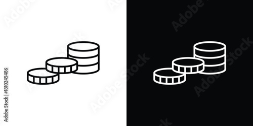 Coins stack icons pack. Set of black and white liner stroke symbols