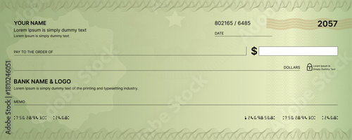 Blank bank check, checkbook cheque template or money payment paper voucher, vector mockup. Business or personal account cash pay cheque certificate or paycheck coupon from checkbook