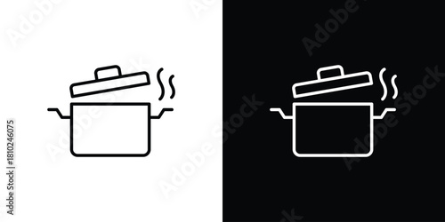 Cooking pot icons pack. Set of black and white liner stroke symbols