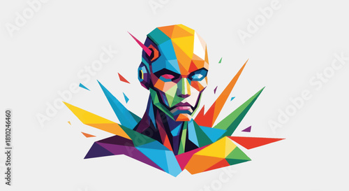Abstract geometric portrait illustration with vibrant colors and polygonal design