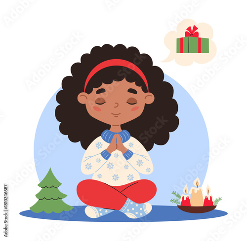 Christmas Ethnic Girl Meditating. Cute Curly Child Character in Winter Sweater sitting in Pose with folded fingers and Dream of Holiday Gift. Vector illustration. Not AI