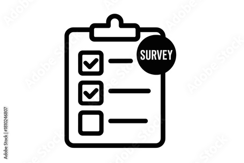 Minimalist black and white graphic showing a customer feedback survey or online questionnaire on a clipboard