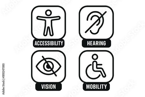 Four essential icons representing disability categories: accessibility, hearing, vision, and mobility