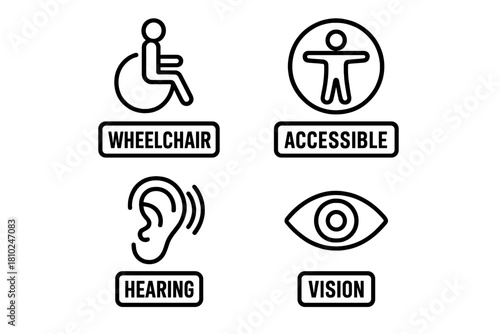 Accessibility symbols set showing disability, wheelchair, hearing, and vision