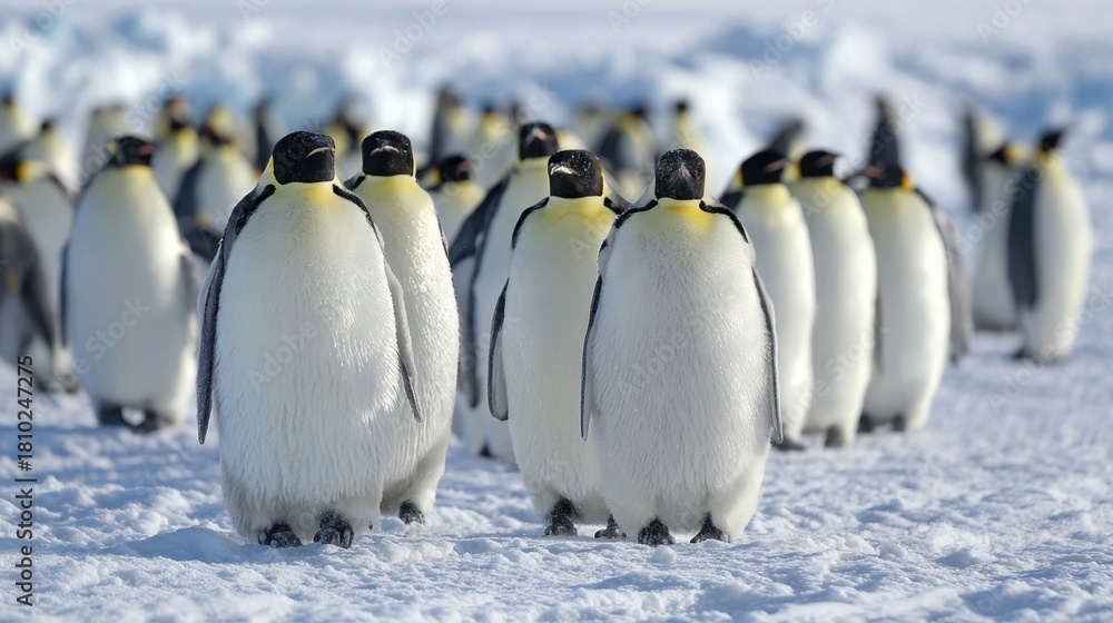 Obraz premium A group of emperor penguins gathers closely on a vast icy expanse enjoying the chilly yet bright environment.