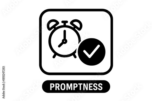 Alarm clock with checkmark symbolizing promptness, punctuality, and timely delivery