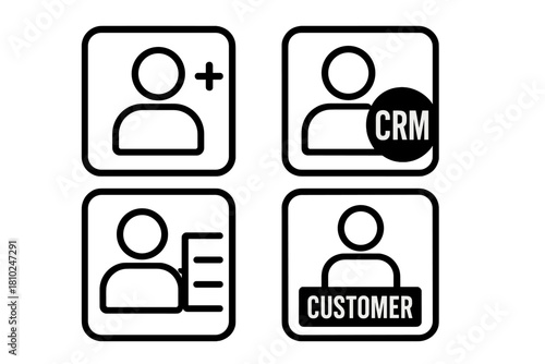 Simple black and white icons for customer management, user profiles, and CRM systems