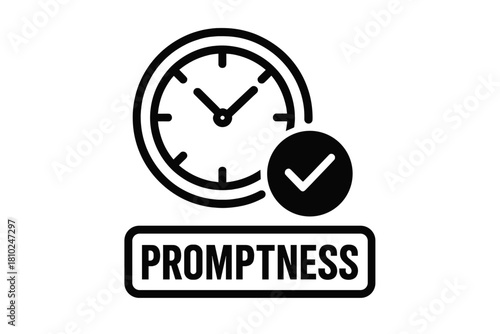 Black and white symbol showing promptness, efficiency, and timely completion with a clock and checkmark