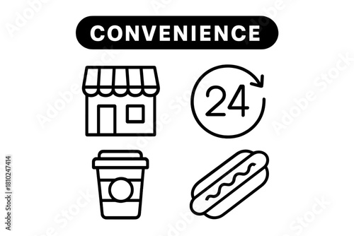 Outline icons for convenience store services including 24 hour availability, coffee, and quick food