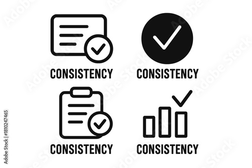 Four black and white symbols for consistency, quality assurance, verification, and successful metrics