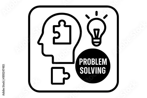 Human head profile containing a puzzle piece and a glowing light bulb for problem solving and new ideas