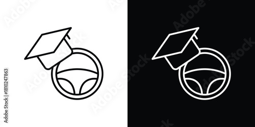 Driving school icons pack. Set of black and white liner stroke symbols