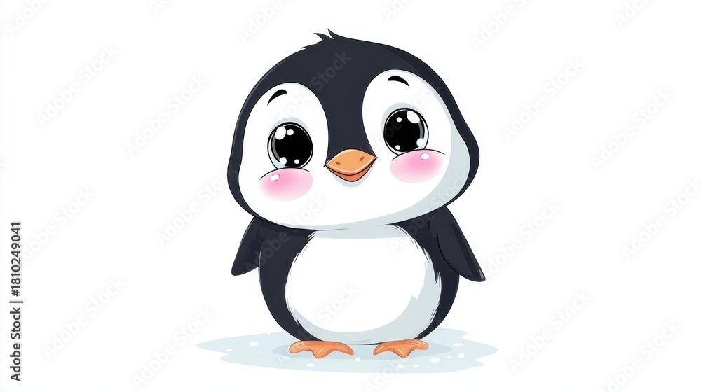 Fototapeta premium A joyful cartoon penguin with rosy cheeks and bright eyes smiles warmly while standing in snow.