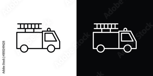 Fire truck icons pack. Set of black and white liner stroke symbols