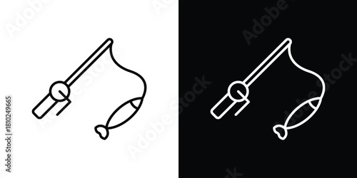 Fishing icons pack. Set of black and white liner stroke symbols