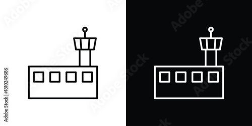 Flight Control tower icons pack. Set of black and white liner stroke symbols