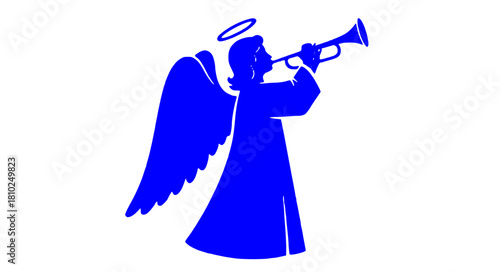 Elegant angel blowing trumpet, celebrating holiday cheer, modern design for Christmas cards and seasonal greetings, faith and hope, angelic messenger