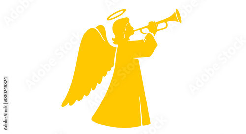 Elegant gold angel blowing trumpet, announcing joyful tidings, classic holiday symbol for festive celebrations and spiritual events, vector icon