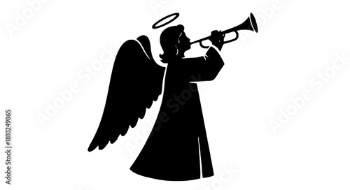 Elegant angel silhouette playing trumpet, spreading holiday cheer and heralding joyful news with wings and halo, perfect for seasonal greetings