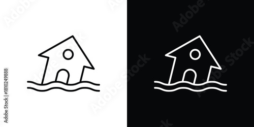 Flood icons pack. Set of black and white liner stroke symbols