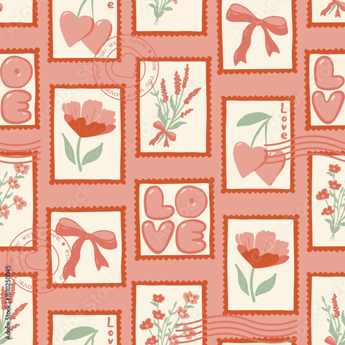 Romantic Postal Stamps Seamless Vector Pattern Valentines Day Digital Paper Postmark Scrapbooking