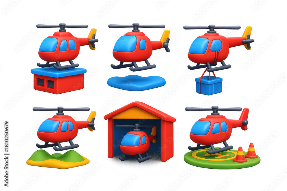 Fototapeta premium Set of six red and blue toy helicopters. The helicopters are all different sizes and are positioned in various poses. Concept of playfulness and fun