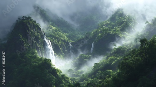 Lush Tropical Valley Cascades Through Mystical Mountain Forest Environment