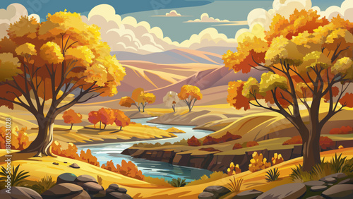 Very beautiful autumn scene showcasing golden cottonwood trees filling the rolling coulees near New Town, North Dakota, with warm seasonal colors, soft light, and a peaceful rural atmosphere.