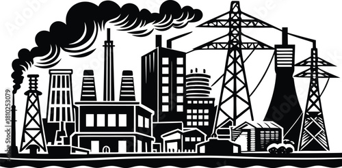 Industrial Cityscape Silhouette Vector. Black and White Graphic of Factory, Power Plant, and High-Voltage Tower for Environmental and Energy Concepts.