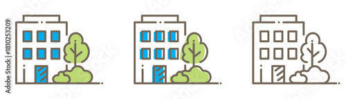 City icons set isolated on transparent background. Features buildings with trees in both colored and linear minimal designs. Editable-stroke symbols ideal for maps, urban projects, real estate visuals