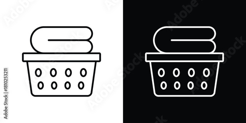 Laundry basket icons pack. Set of black and white liner stroke symbols