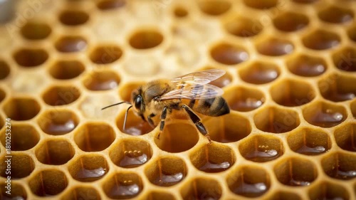 A macro video of a solitary honeybee, meticulously detailed with fuzzy amber and black stripes, rests on a vibrant, golden honeycomb. 