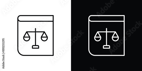 Law book icons pack. Set of black and white liner stroke symbols