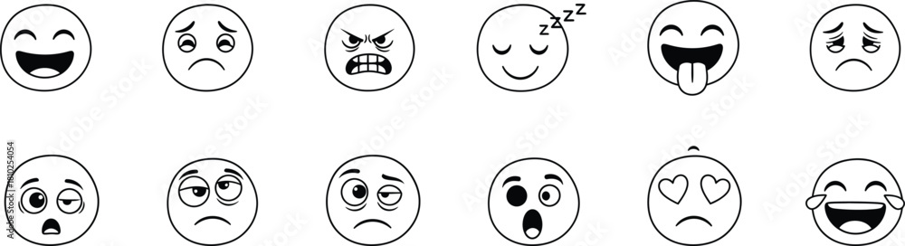 Fototapeta premium Cartoon faces with different expressions in black and white