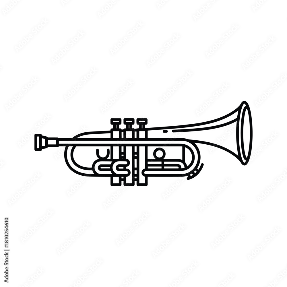 Naklejka premium Black and white line drawing of a trumpet musical instrument