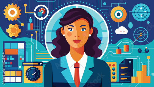 Business Woman Portrait in Technology Interface Vector. Female Leader in Abstract Digital Environment Graphic for Innovation and Future Concepts.