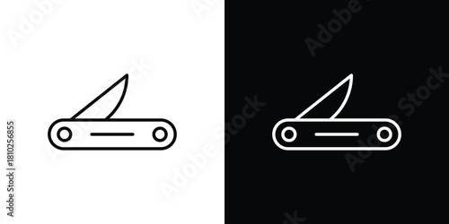 Pocket knife icons pack. Set of black and white liner stroke symbols