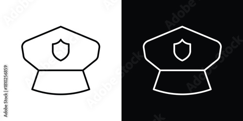 Police cap icons pack. Set of black and white liner stroke symbols