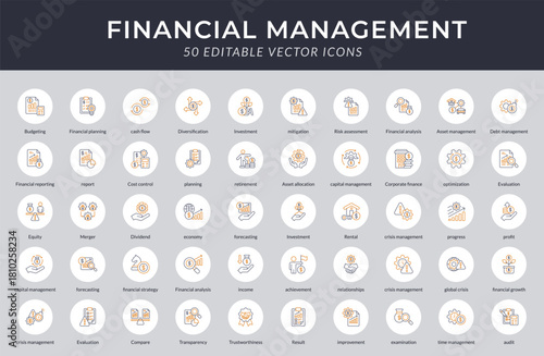 Financial Management Outline Color Icons Collection. Vector Illustration