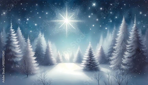 Winter wonderland christmas scene with snow covered trees and bright star