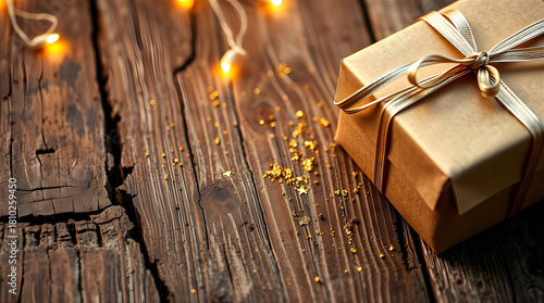 A gift box tied with a golden ribbon placed on a rustic worn wooden floor