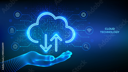 Cloud computing service. Secure Cloud Storage. Database storage, Data center. Cloud icon in wireframe hand. Upload download app. Circuit board pattern. PCB printed circuit texture. Vector illustration