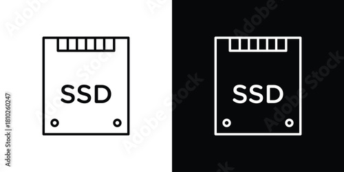 SSD drive icons pack. Set of black and white liner stroke symbols