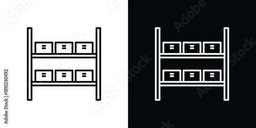 Storage rack icons pack. Set of black and white liner stroke symbols