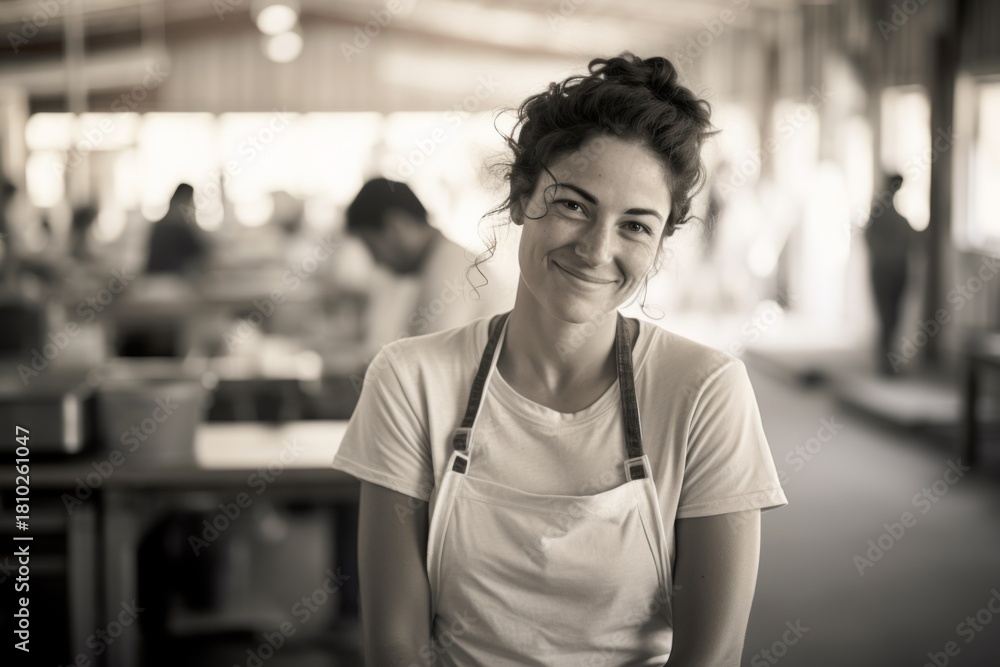 Fototapeta premium Young woman smiling in a busy workspace