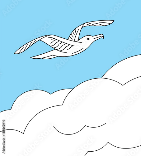 Stylized illustration of a bird. Icon of a soaring bird, seagull, albatross or frigate. Symbol of Kiribati and freedom.